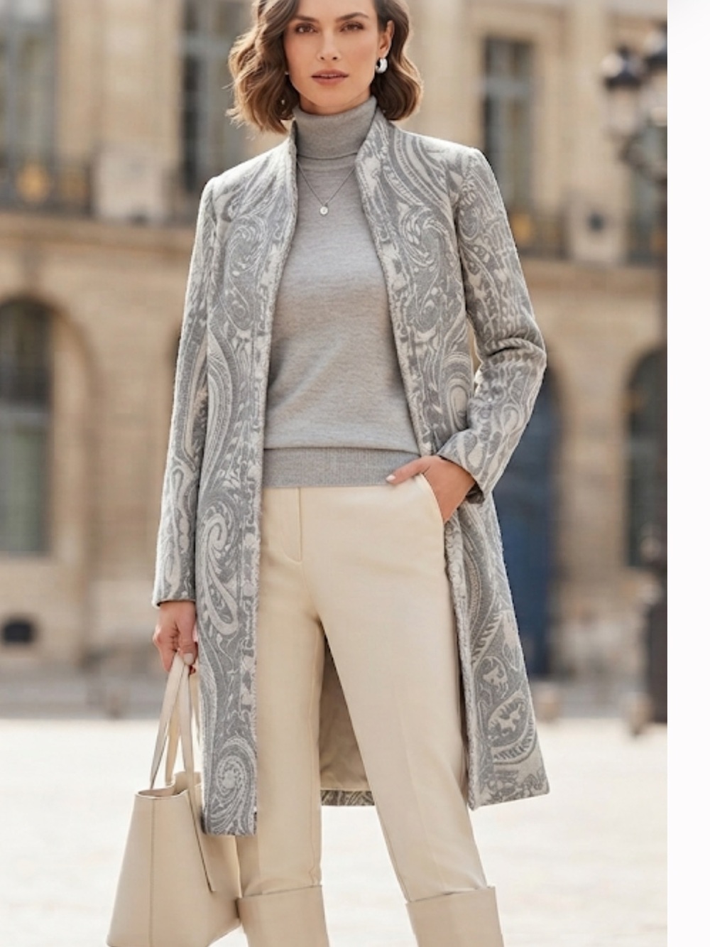 Anu 100% Wool Woven Grey & Cream Paisley Tapestry Open Duster Jacket